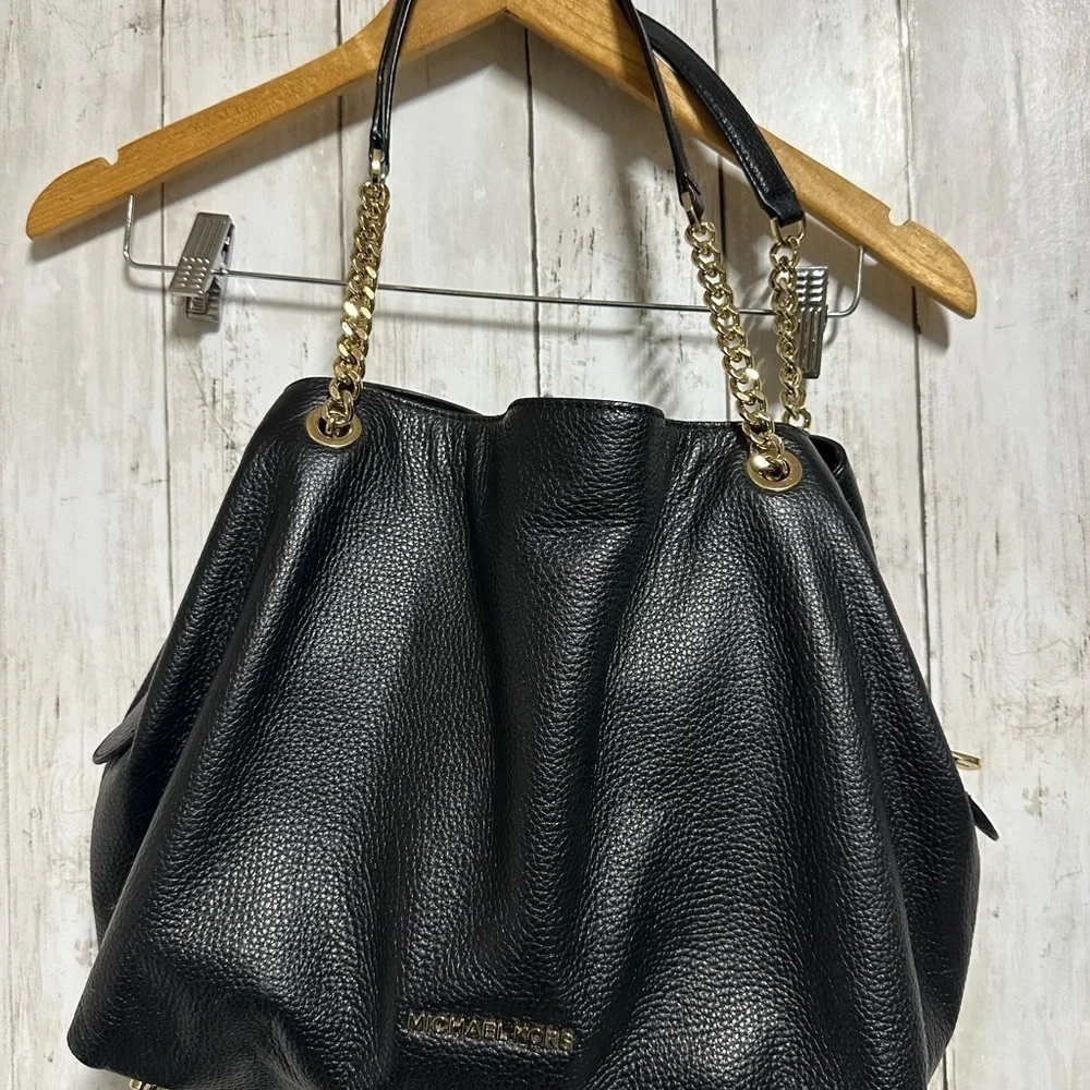 Michael Kors Black Slouchy Pebbled Leather Shoulder Bag with Gold Chain